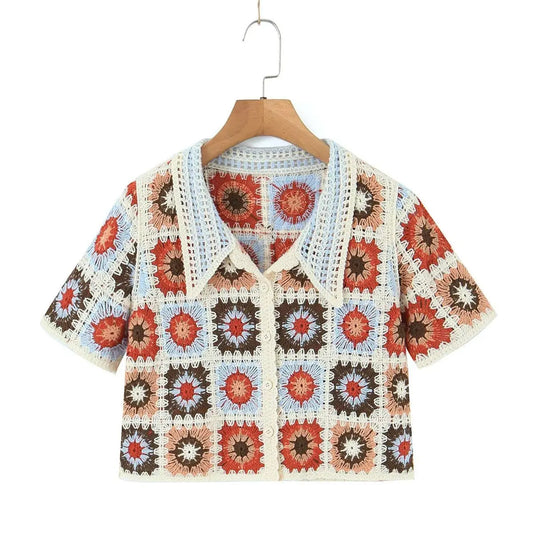 Granny Square Crochet Top Short Sleeve Collared Sheer Open-knit Button-up Crop Blouse Women Teengirl Boho Vacation Summer Outfit