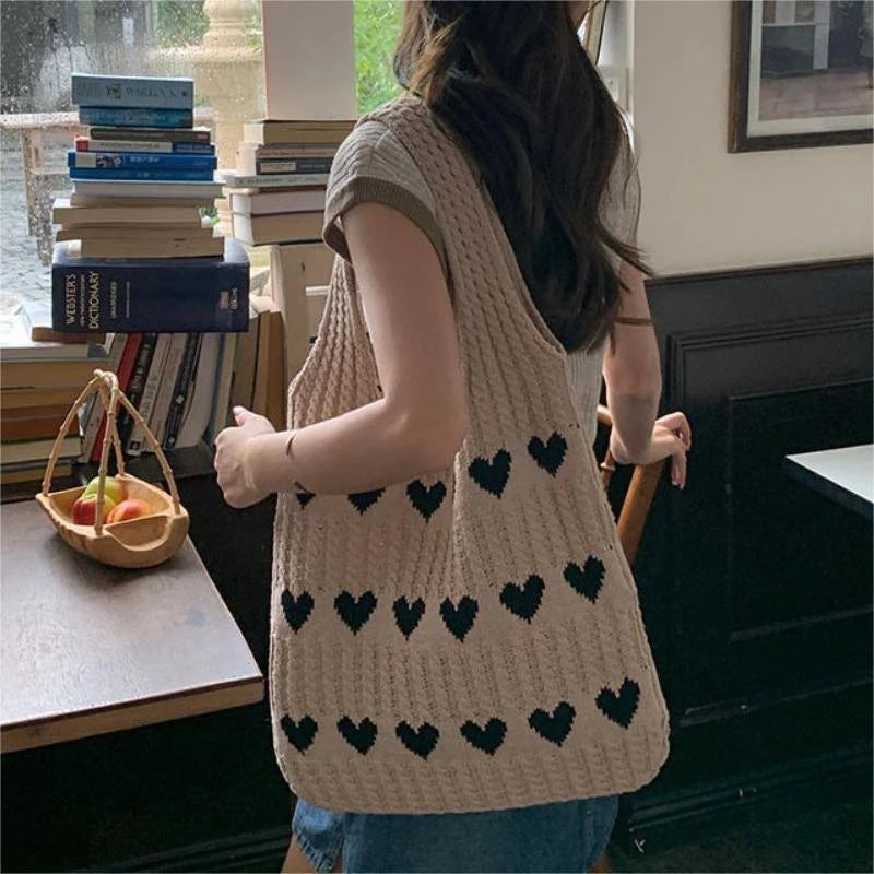 Women Knitted Bag Woven Love Heart  Pattern Wool Portable Shoulder Bag Shopping Bags Workers Students Daily Commuter Bags