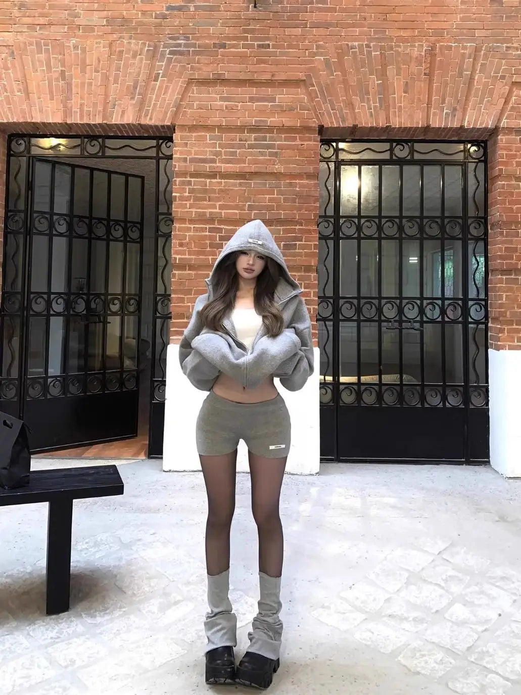 Y2k Retro Casual Suit European American Hip-hop Hooded Long-sleeved Jacket Autumn and Winter Straight Shorts Sexy Two-piece Set