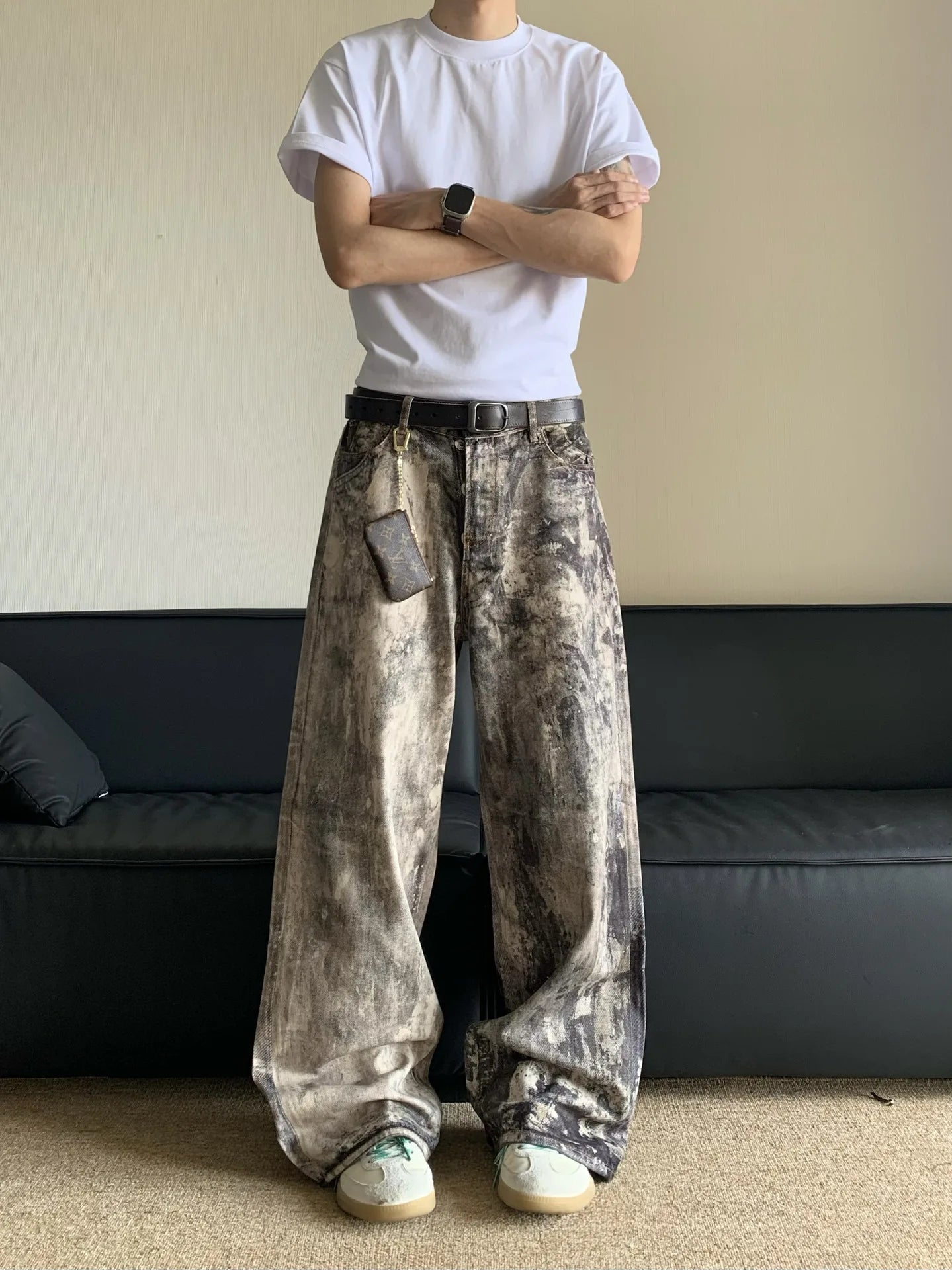 Jeans Men Floor Length Pant Denim Pants Camouflage Print Loose Casual Straight Trousers Pocket Splice Autumn Winter 2024