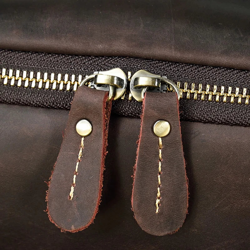 Vintage Travel Backpack leather double zipper bagpack male crazy horse leather backpack handmade leather travel bag men bag