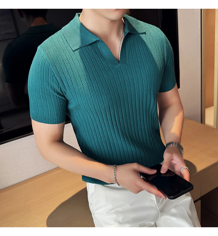 Men Striped Polo Shirt 2025 Summer Light Thin Breathable Solid Casual Elastic Slim Fit Short Sleeved V-neck T-shirt Men Clothing