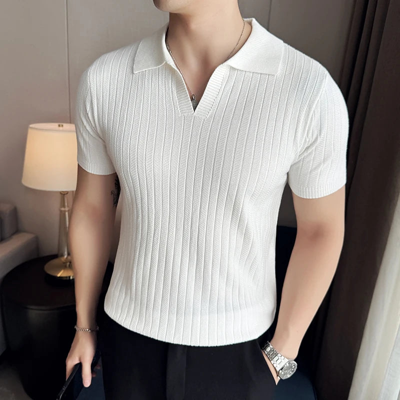 Men Striped Polo Shirt 2025 Summer Light Thin Breathable Solid Casual Elastic Slim Fit Short Sleeved V-neck T-shirt Men Clothing