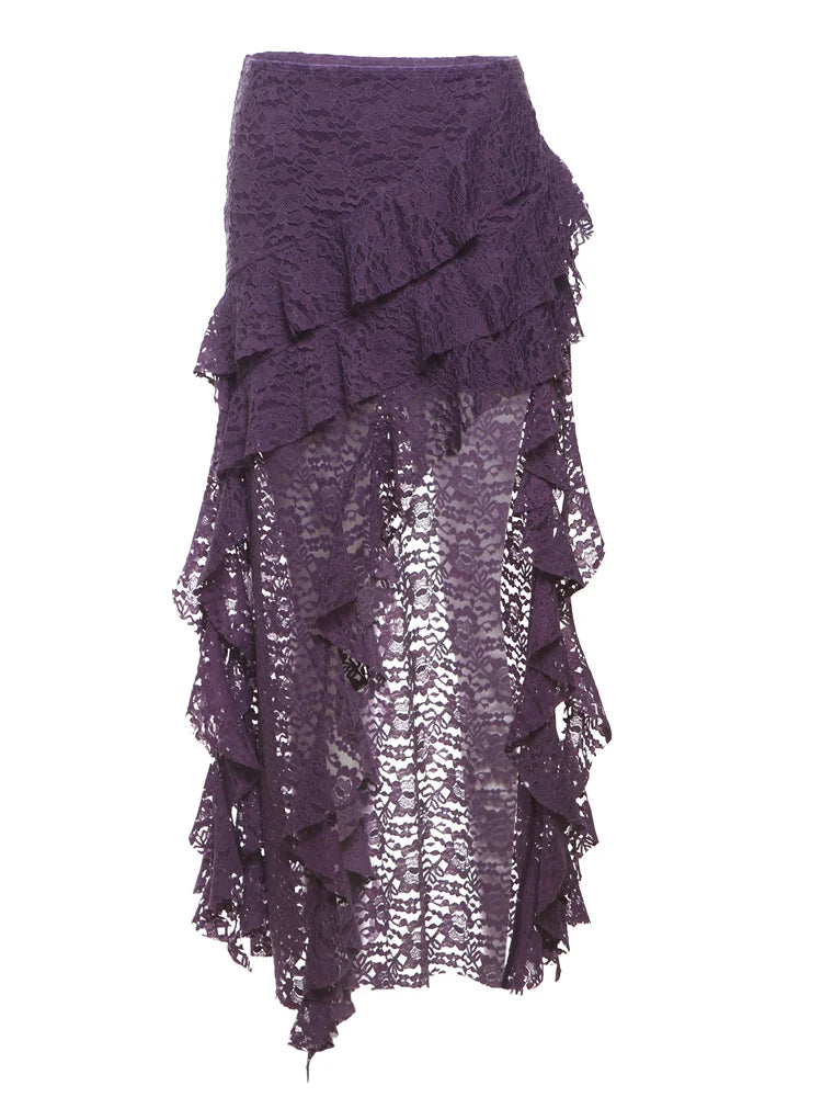 Nibber Tassels Women Skirts Irregular Hem Multi-Layered Ruffles Lace Patchwork Sweet Summer Trend Daily Skinny Versatile Bottoms