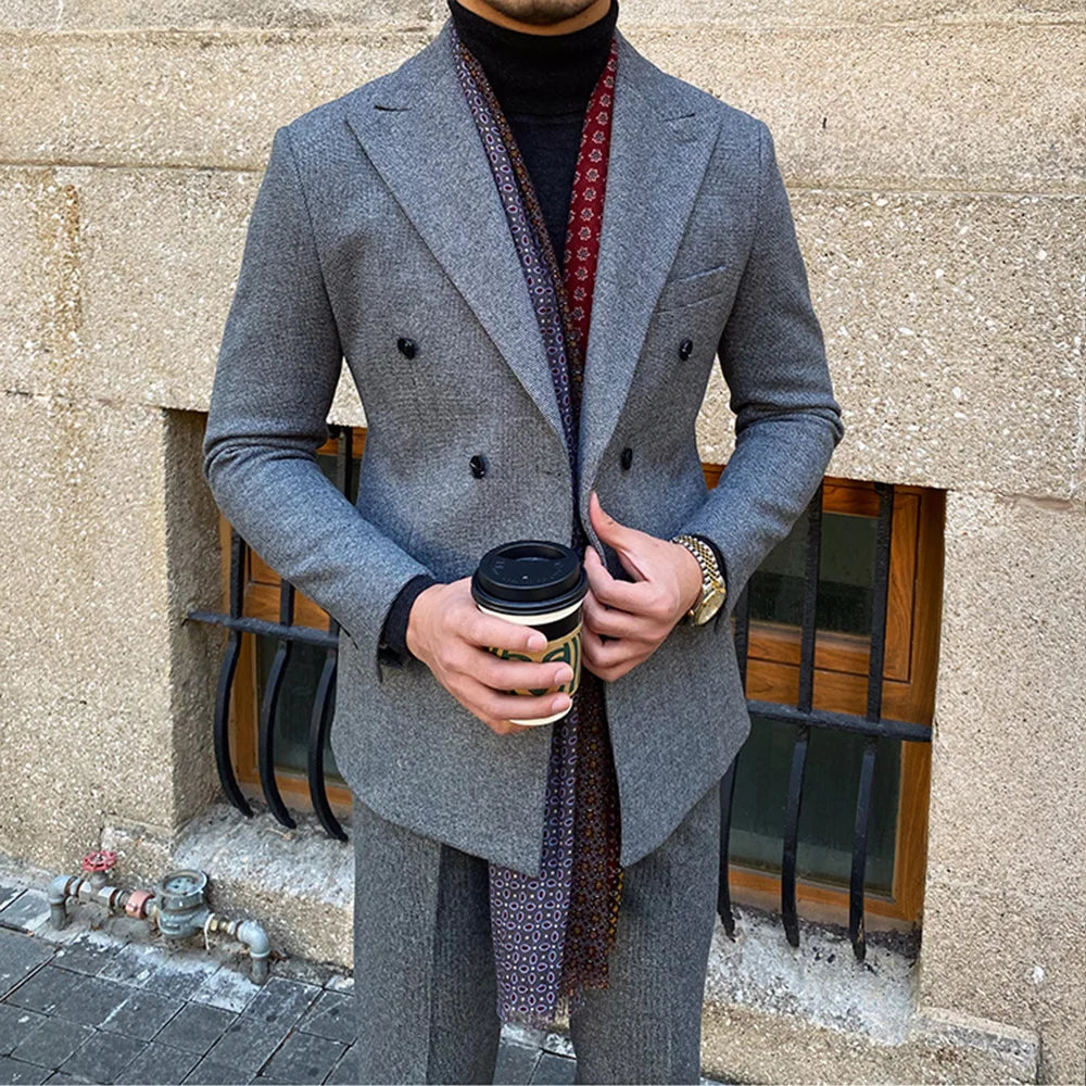Vintage Men's Suit 2 Pieces Business Formal Casual Double Breasted Slim Fit Suits Party Wedding Dress Costume Male Suit