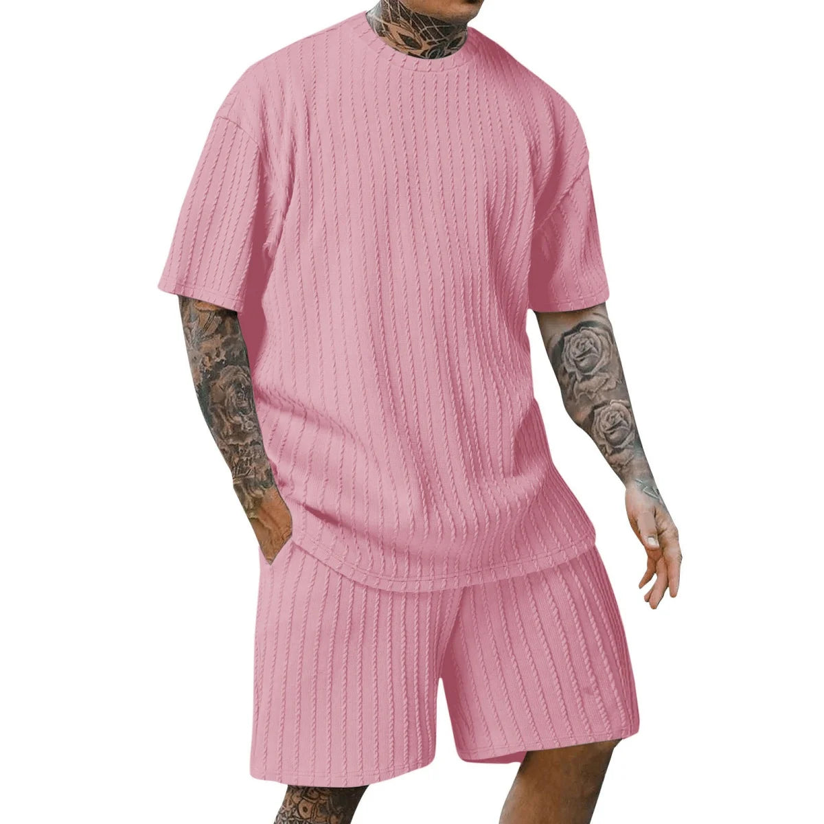 Men's new fashion summer sports solid color crew-neck vertical stripe T-shirt shorts short-sleeved suit Loose two-piece set
