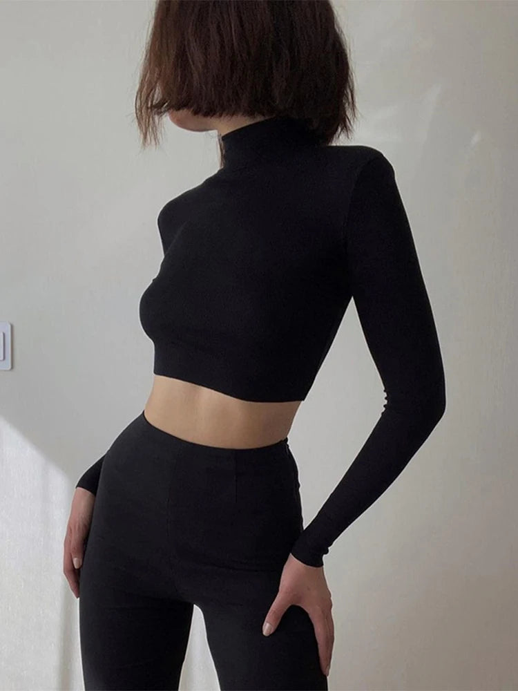 Solid Nude Turtleneck Cropped T Shirt Women Autumn Casual Long Sleeve T-shirt Ladies Skinny Basic Tee Shirt Femme