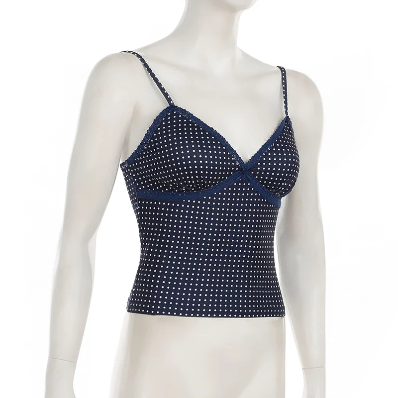 Darlingaga Fashion Polk Dot Printed Mini Camisole Women's Lace Patchwork Spaghetti Strap Summer Beach Cropped Tops Backless Y2K