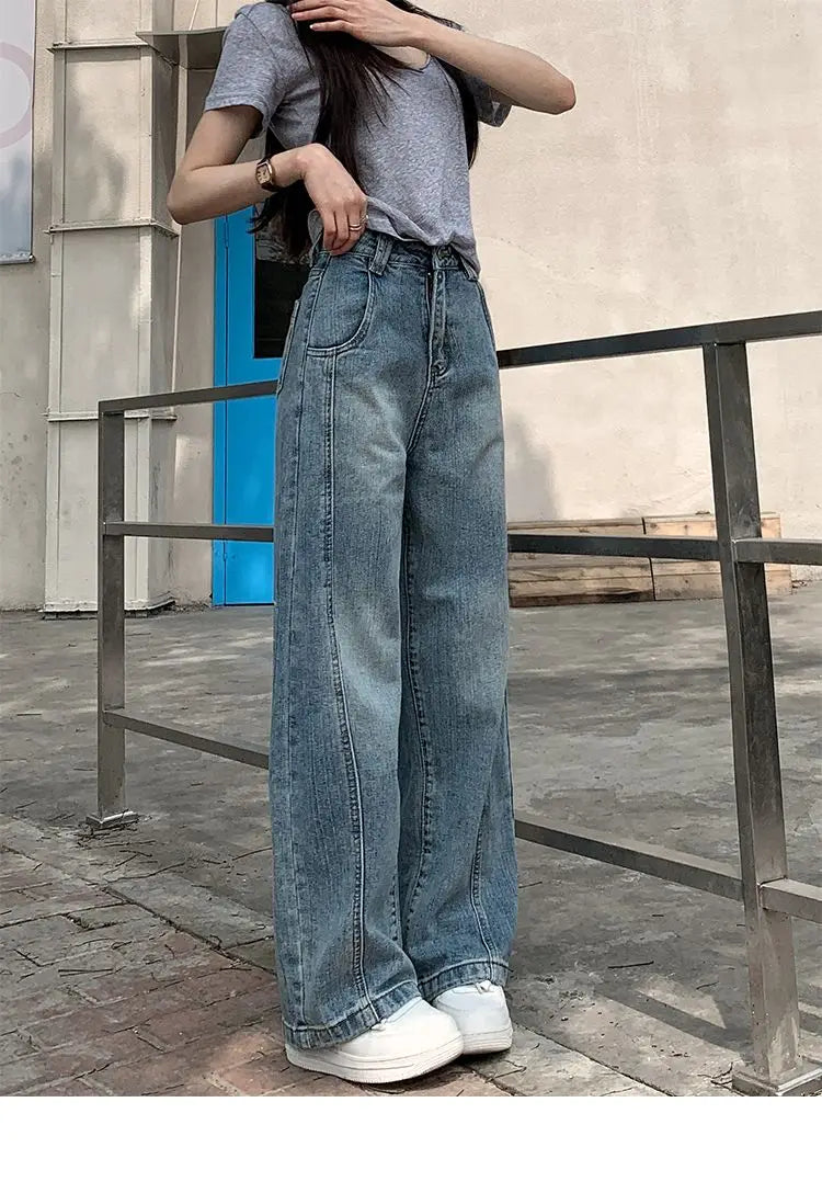 Vintage Baggy Jeans Womens' Loose-Fit Denim Pants Lightweight Bell Bottom Jean Retro Ladies' Denim Trousers Pockets Wide Pants