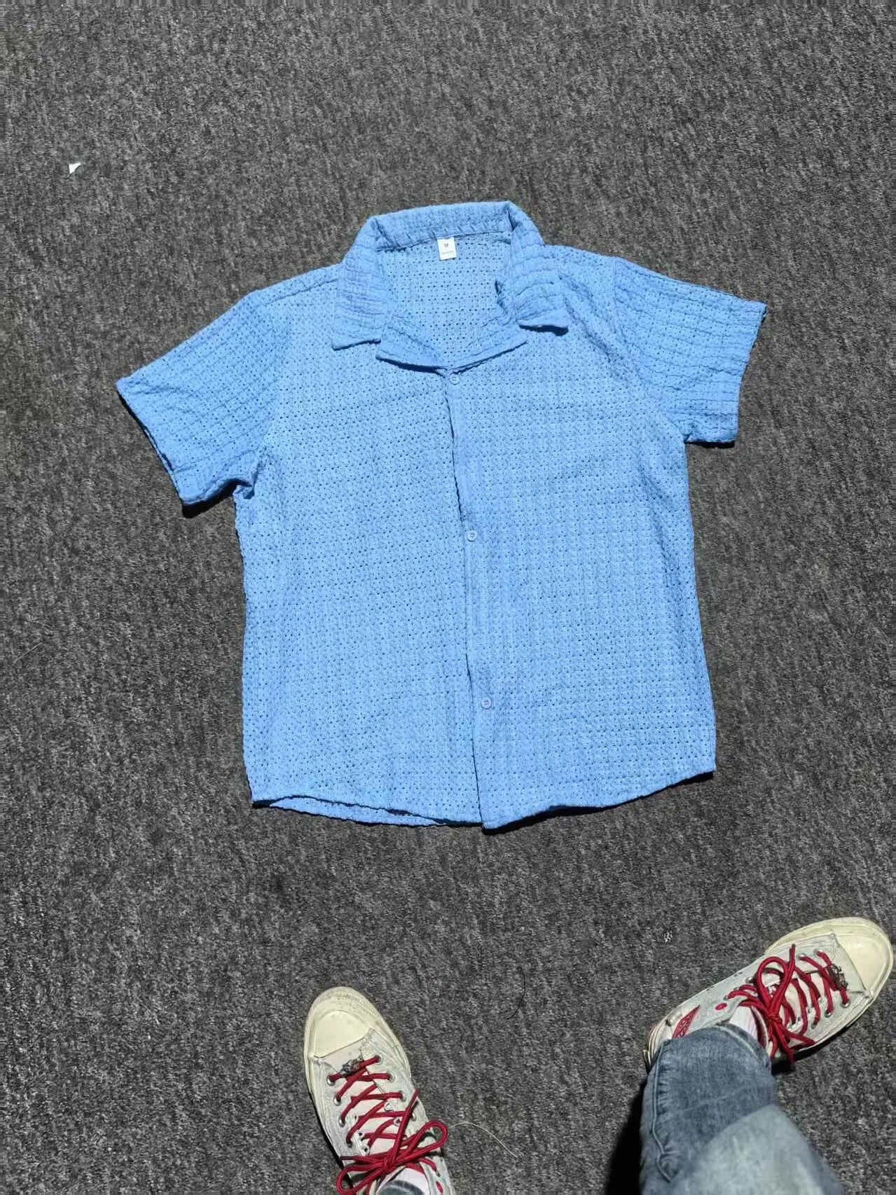 Men's Casual Knit Shirt Summer New Solid Color Turn-down Collar Hollow Breathable Short Sleeve Top