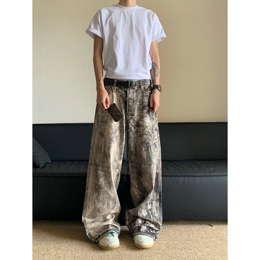 Jeans Men Floor Length Pant Denim Pants Camouflage Print Loose Casual Straight Trousers Pocket Splice Autumn Winter 2024