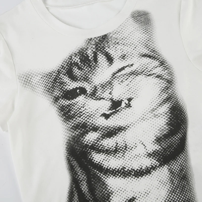 CIBBAR Harajuku Animal Print Crop Top Basic White Short Sleeve Crewneck T-shirt Women Casual Slim-fitting Tees Lady y2k Vintage