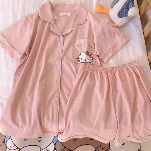 Hello Kitty girl cartoon cute kawaii summer new Sanrio anime short-sleeved pajamas set creative cardigan home clothes gift