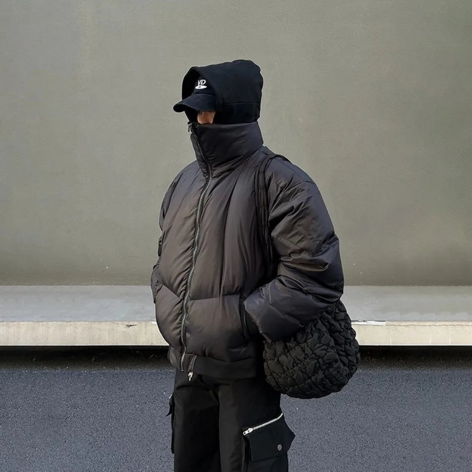 Black Stand Collar Cotton Jacket Mens Heavy Weight Winter Trend High Street Short Parkas Thickening Warm Fluffy Bread Coats