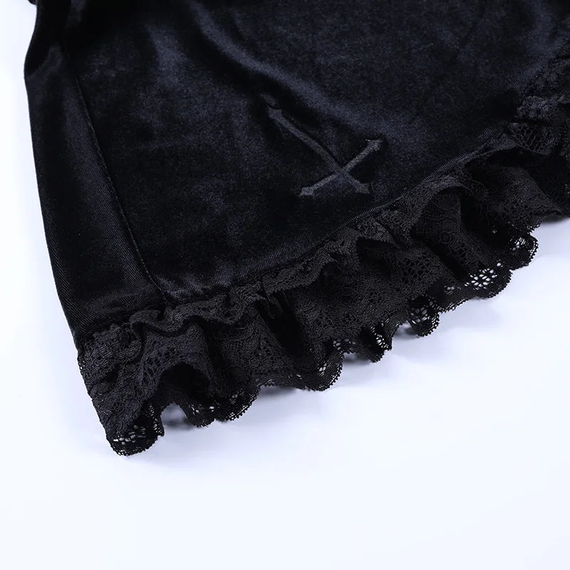 Goth Dark Mall Gothic Aesthetic Velvet Pleated Mini Skirts Women Vintage Harajuku Emo Alt Clothes High Waist Lace Ruffles Skirt