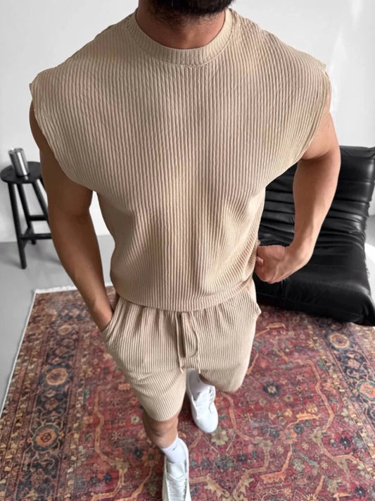 2025 New Men's Round-Neck Corduroy Solid Color Casual Vest & Shorts Set Striped Sleeveless Printed Two-Piece Men Clothing