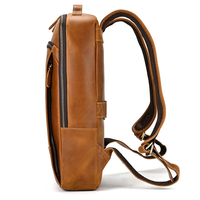 Vintage Travel Backpack leather double zipper bagpack male crazy horse leather backpack handmade leather travel bag men bag