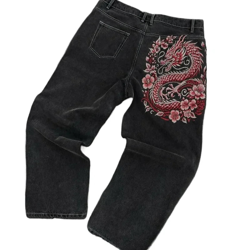 Y2K New American Retro Hip-Hop Cherry Blossom Dragon Print Loose Jeans For Men and Women Gothic Hip-Hop Casual Joker Street Wear