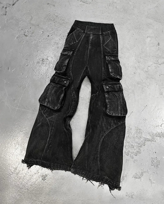 American Vintage Gothic Black Y2K Washed Multi-Pocket Spliced Raw Edge Jeans Mens Loose Street Trend Hip Hop Rap Wide Leg Pants