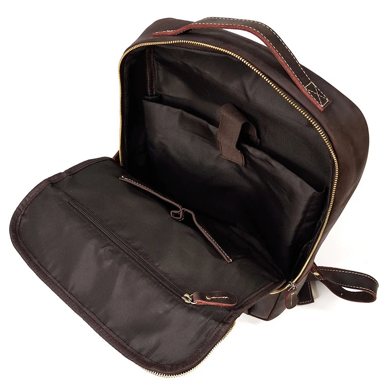 Vintage Travel Backpack leather double zipper bagpack male crazy horse leather backpack handmade leather travel bag men bag