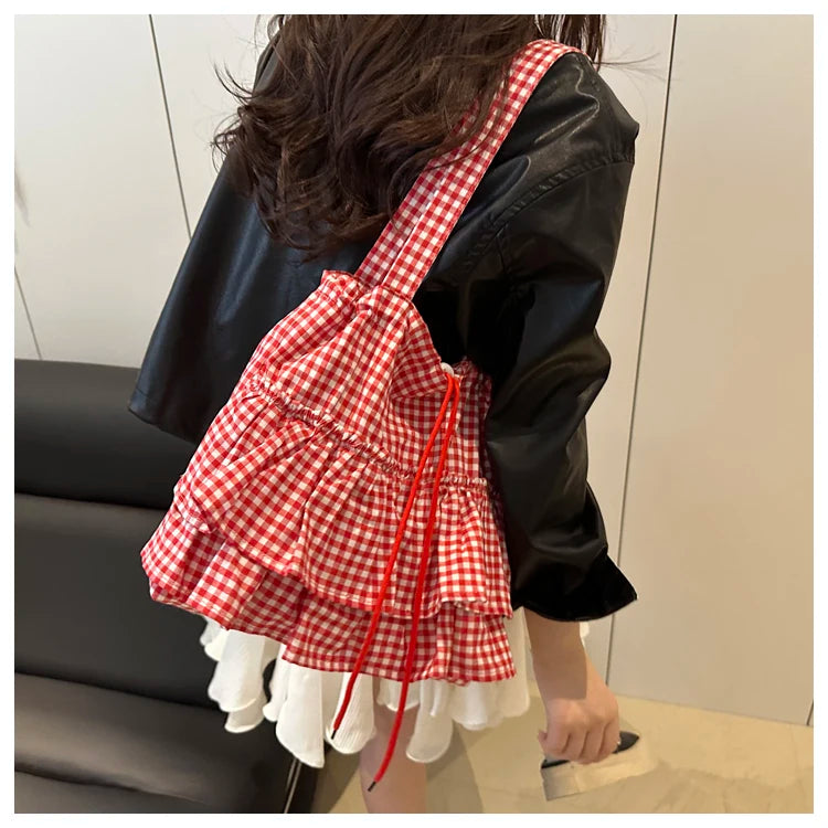 Korean Sle Large Capaci Canvas Tote Bag Blue Plaid Single oulder Skirt Pleated Gown Bag Faionable Casual Handbag