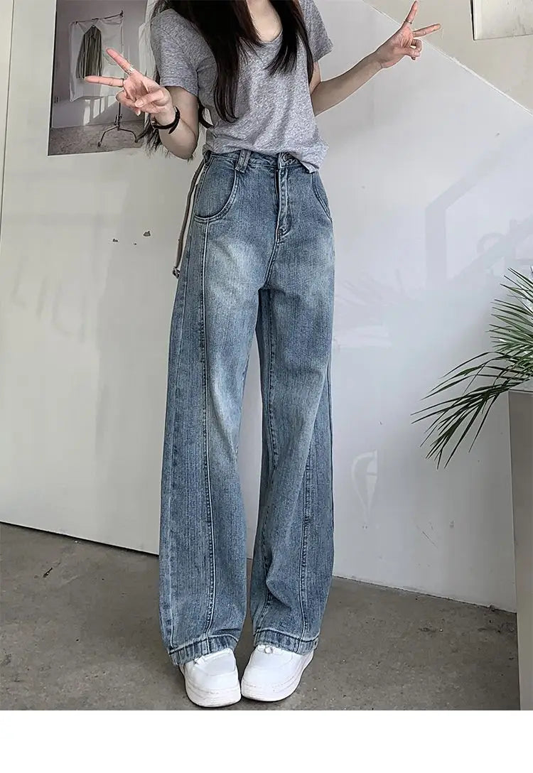 Vintage Baggy Jeans Womens' Loose-Fit Denim Pants Lightweight Bell Bottom Jean Retro Ladies' Denim Trousers Pockets Wide Pants
