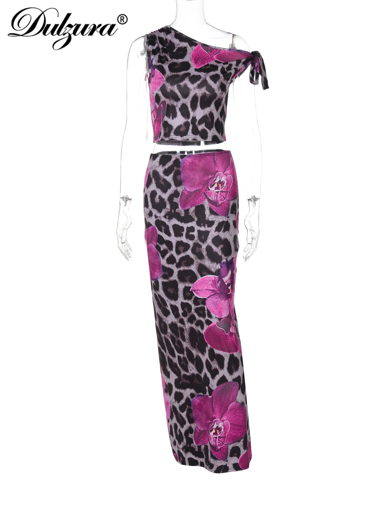 Dulzura Leopard Sexy Elegant Casual 2 Piece Skirt Set Sleeveless Bodycon Lace Up Tank Top Maxi Skirt Matching Set Party Clubwear