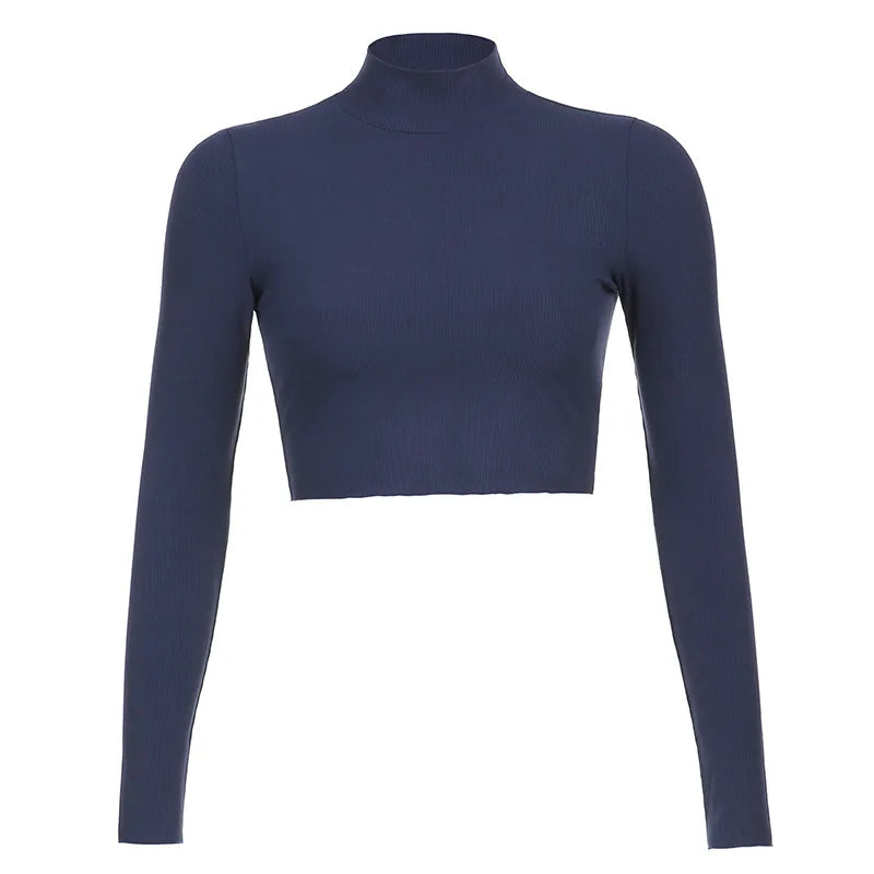 Solid Nude Turtleneck Cropped T Shirt Women Autumn Casual Long Sleeve T-shirt Ladies Skinny Basic Tee Shirt Femme