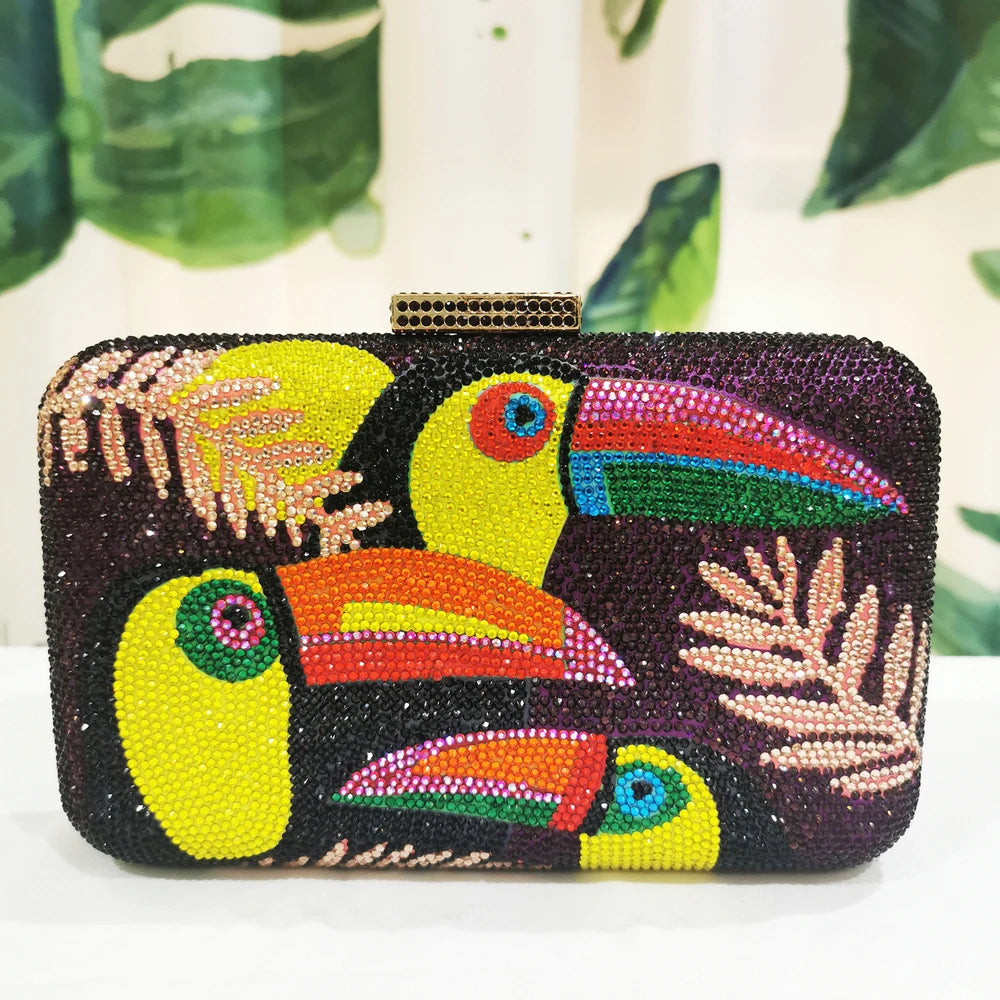 Novelty Toucan Bird Women Crystal Evening Bags Rhinestones Box Minaudiere Clutch Party Cocktail Handbag Diamond Chain Purse