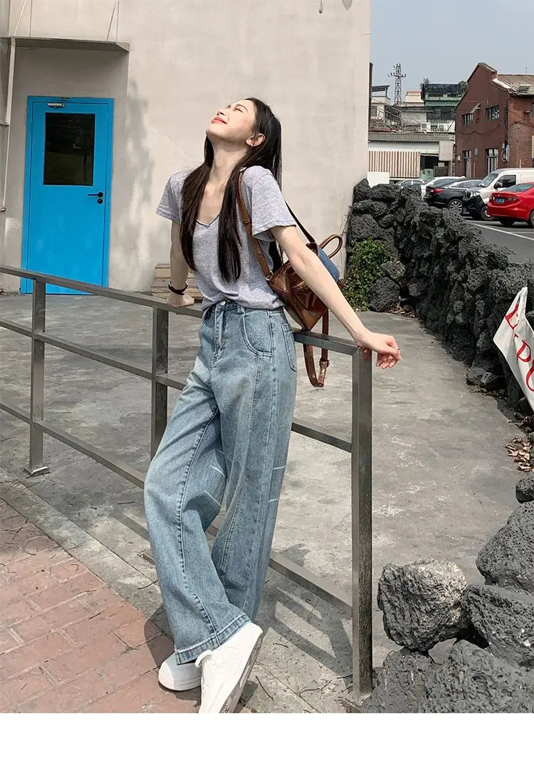 Vintage Baggy Jeans Womens' Loose-Fit Denim Pants Lightweight Bell Bottom Jean Retro Ladies' Denim Trousers Pockets Wide Pants