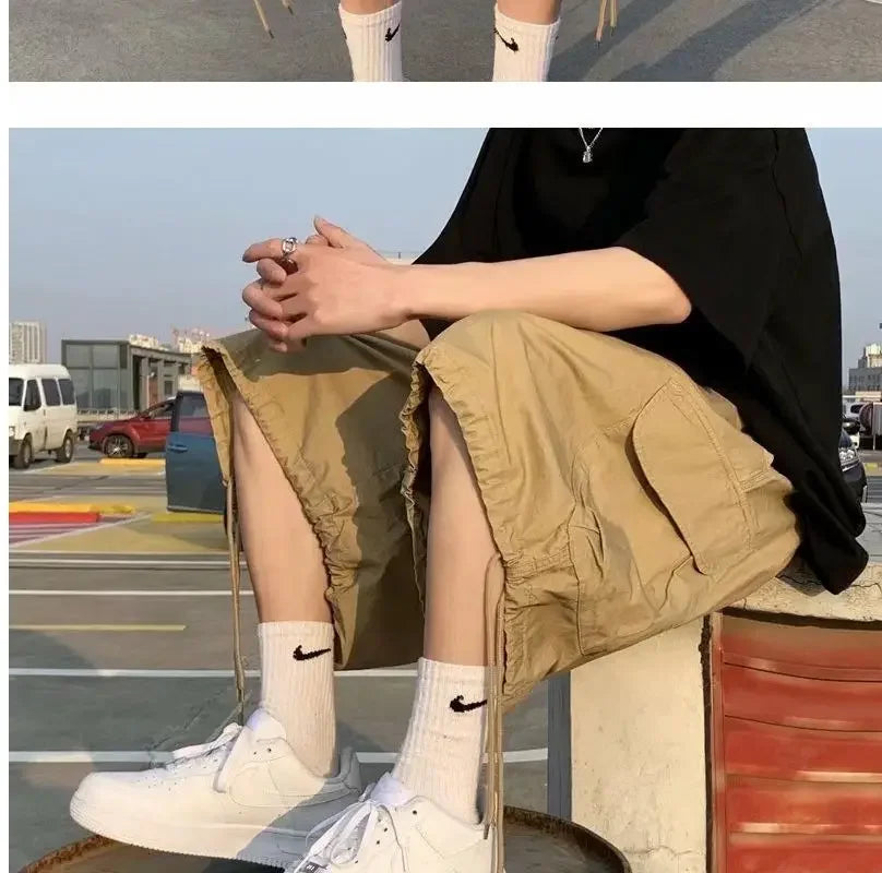 Khaki 7-point Men Summer Thin Japanese Workwear Wide-leg Loose Over-knee Shorts