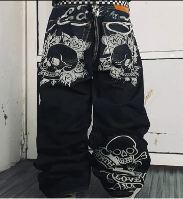 Y2K classic Gothic skull print casual straight leg high waisted pants hip-hop retro loose couple street aesthetic clothing jeans