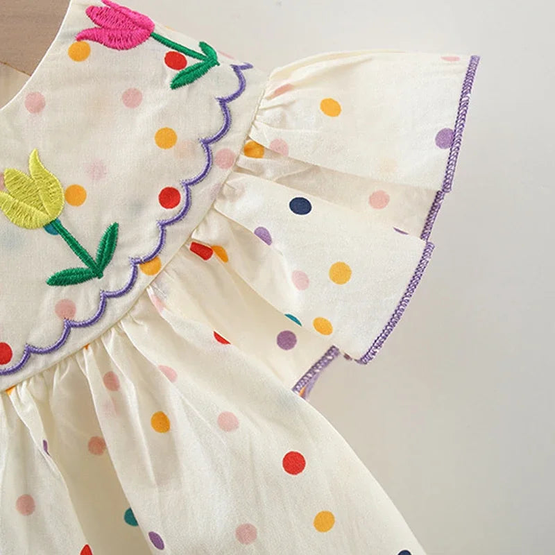 Girls Summer New Short sleeved Dress with Flower Embroidery Colorful Dot Doll Princess Neck Dress 0-3 Years Old