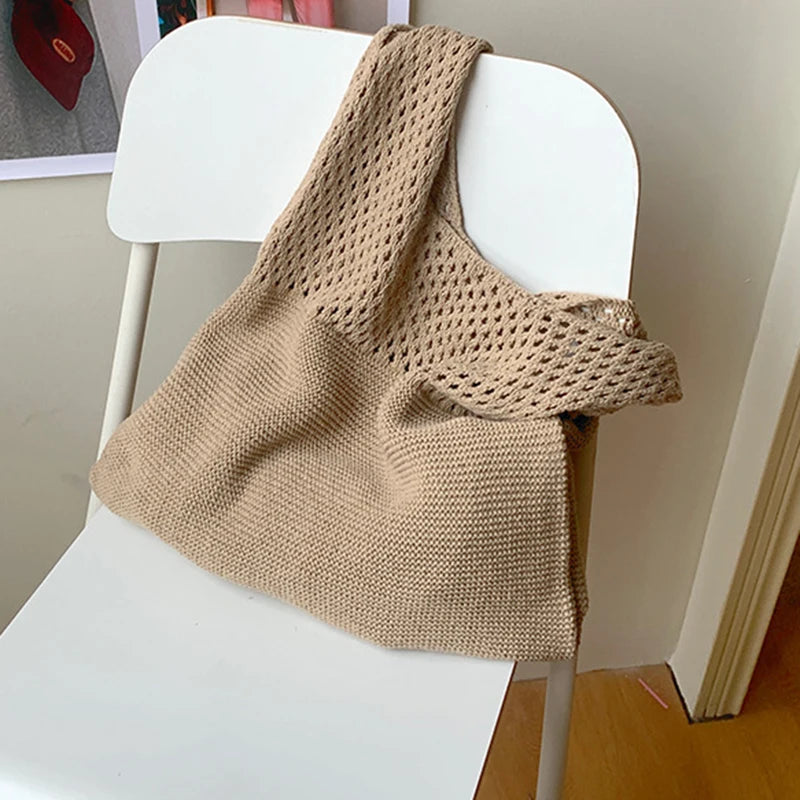New Trend Women's Bag Crochet Handbag Retro Knitted Braid Solid Color Hollow Black Khaki Top-handle Tote Bag Shopper