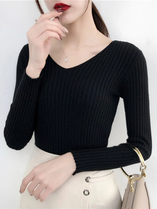 2025 V Neck Women Autumn Winter Sweaters Slim Knitted Pullovers Soft Warm Solid Jumper Female Sweater Casual Knitwear Jersey Top