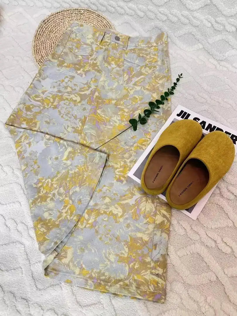 New High Waist 2025 American Retro Plant Flower Print Ladies Commuter Wide-leg Jeans Youthful and Beautiful Out of The Street