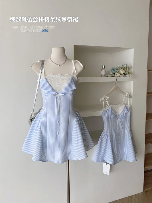 2025 Summer Ballet Core Mori Girl Lace Cami Dress Striped A-line Frock Party Shoujo One-Piece Patchwork Design Korean Fashion