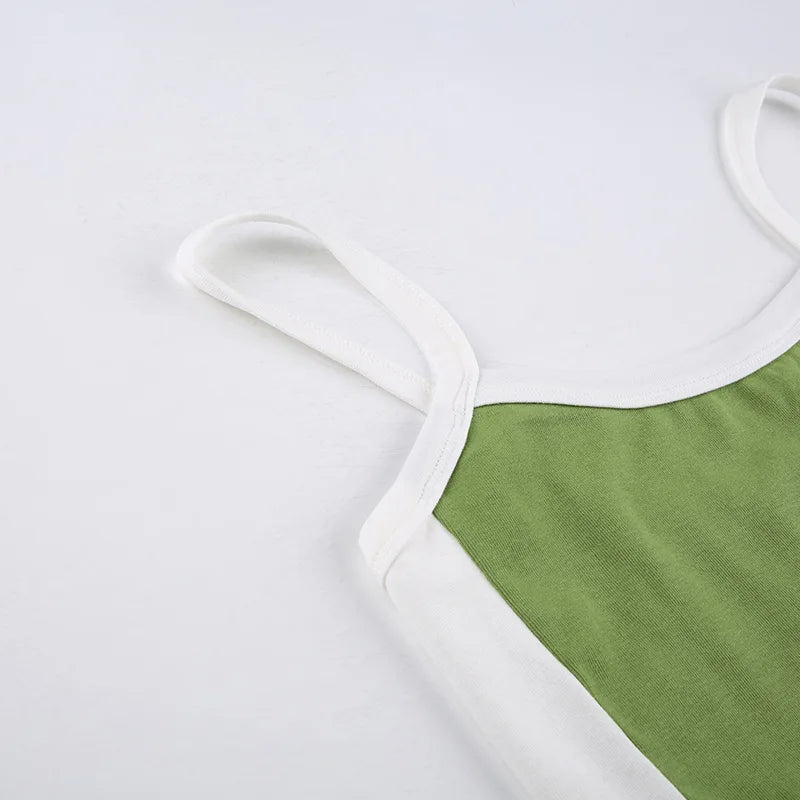 2025 Summer Casual Cami Backless Y2k Vintage Tank Top WomenSleeveless Knitted Crop Tops Green Sexy Basic Patchwork