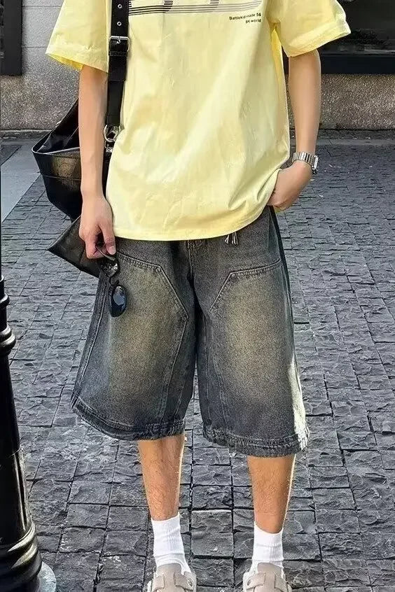 American Style Vintage Men's Denim Shorts Streetwear Straight-Leg Wide-Leg Distressed Casual Pants Trendy Summer Wear