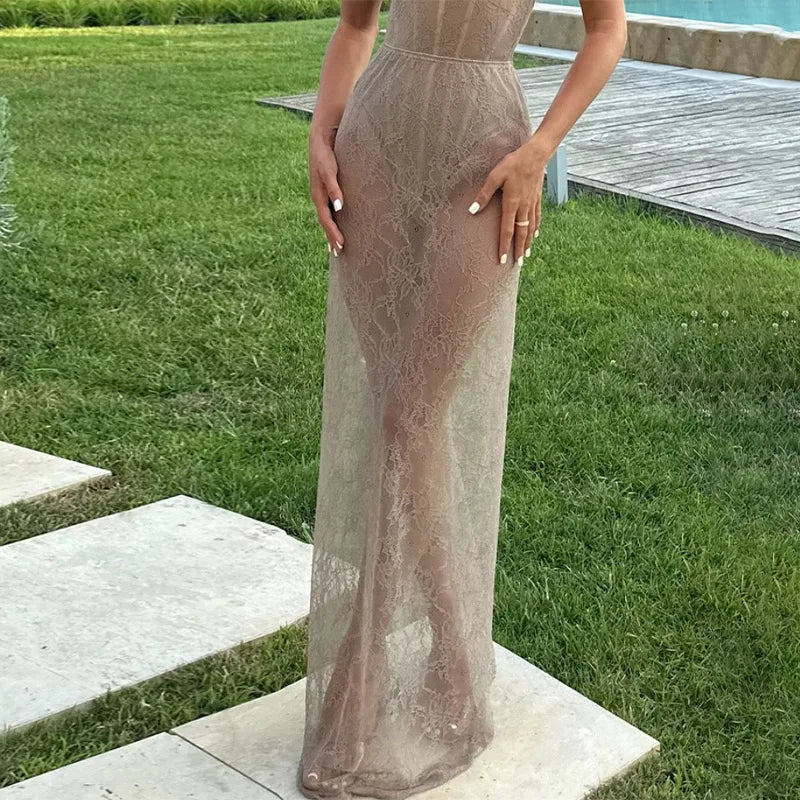 Sexy Fishbone Jumpsuit Lace Skirt Set Women Slim Sleeveless Top Fishtail See Through Long Skirts 2025 Summer Beach Lady Outfits