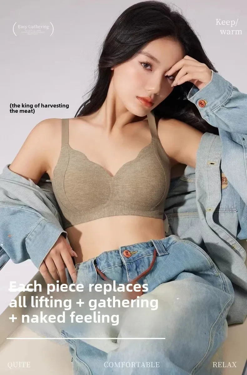 Sexy solid color knitted fabric bra, full cup gathering, non-removable padding, cutout details, warm and skin-friendly material