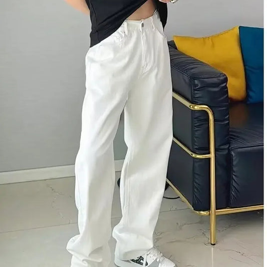 Hong Kong Style White Jeans For Men Casual Loose Fit Trendy Brand Vibe High Street Straight Leg Pants Autumn Season