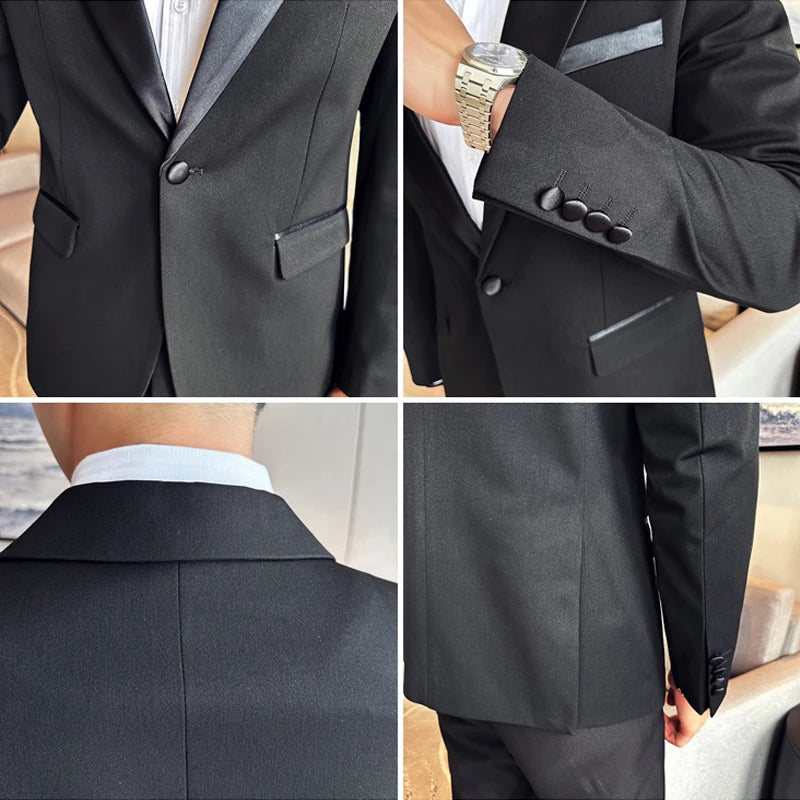 ( Jacket + Vest + Pants ) High-end Brand Boutique Fashion Men's Casual Business Black Smoking Suit Groom Wedding Dress Tuxedo