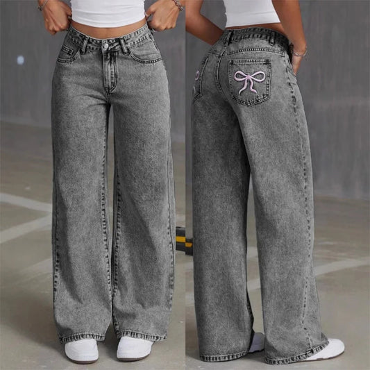 Women Wide Leg Boyfriend Jeans Straight Hip Hop Bow Embroidery Denim Pants Low Waist Baggy Jeans Casual Loose Jeans Streetwear