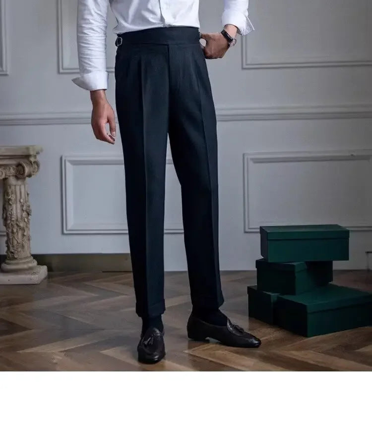 High-waisted Casual Straight-leg Suit Pants For Men Autumn Vintage Draped Waist Trousers Naples Retro Style Business Formal Wear