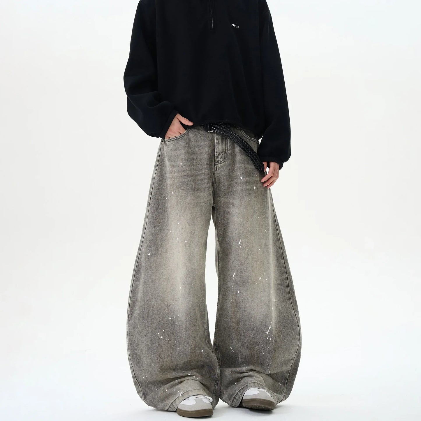 Retro American Washed Grey Splatter Ink Wide Leg Loose Jeans Men's Brand Street Style Loose Trousers Casual Straight Cut