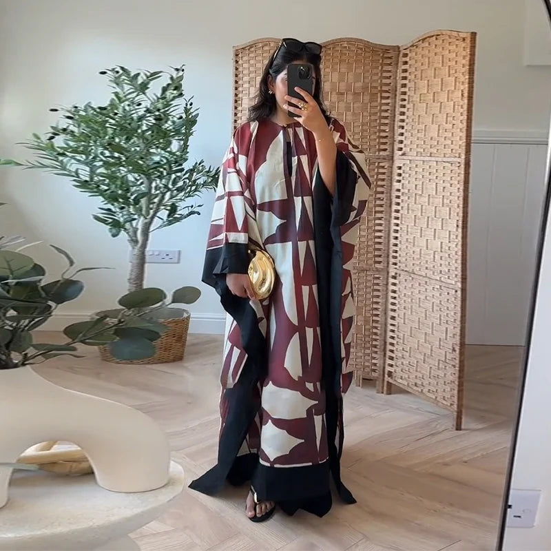 Fashion Print Pleated Long Dresses Women Party O-neck Full Sleeve Female Holiday Dresses 2025 Summer Lady Elegant  Robes