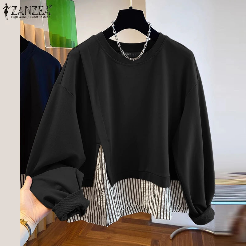 ZANZEA Women Long Sleeve Hoodies 2024 Autumn Fake Two Piece O-Neck Sweatshirt Fashion Loose Stripes Splicing Front Slit Pullover