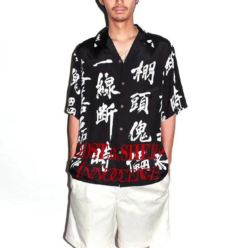 Summer Blue Letters Embroidery WACKO MARIA Shirts Men Women Graphics Print Hawaiian Short Sleeve Tee Casual Fashion Beach Shirt
