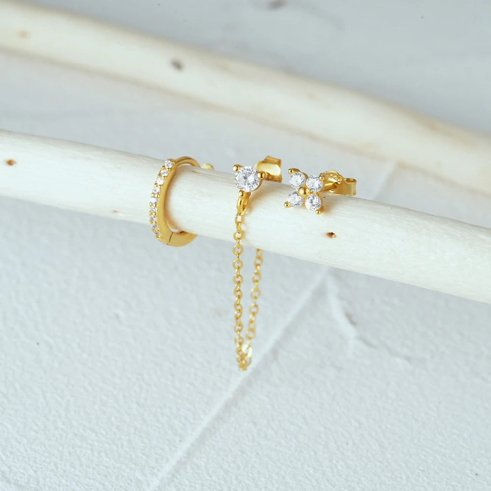 Aide 925 Sterling Silver 3pcs Set Two Stud Tassel K Gold Chain Flower Zircon Earrings For Women Fine Jewelry Valentine Day Gift